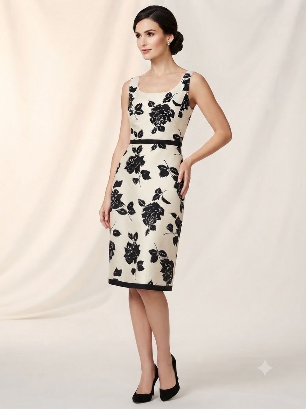 Ann Taylor Black Floral Print on Cream Sheath Dress